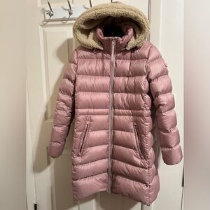 Coach Blush Pink Rose Quilted Long Slim Puffer Hooded Jacket size L
